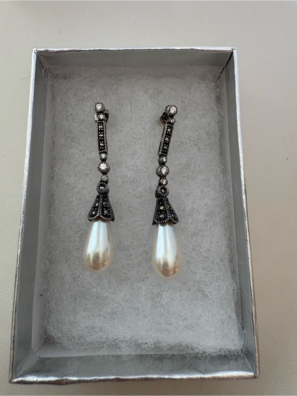 Pearl and Marcasite Drop Earrings in Silver Tone
